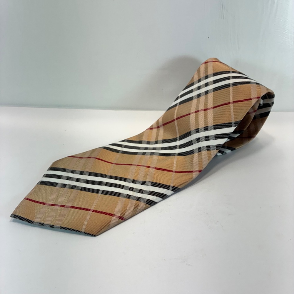 Kai Long Silk Tie Tan Tartan Plaid Handmade Mens Tie VTG 1980s Nova Check Design